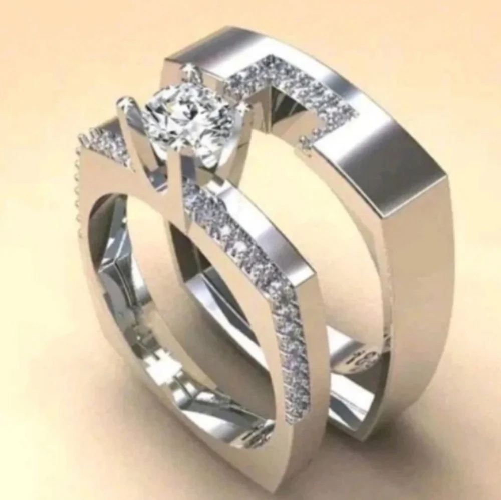 Mens Silver-Tone Clear Cubic zirconia Ring 2pc Set Sz 10
